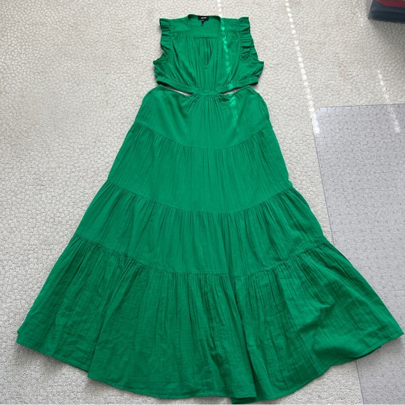 Me + Em Dress 12 Maxi Cheesecloth Cut Out Pockets Tiered Sleeveless Ruffle Green - Picture 4 of 15